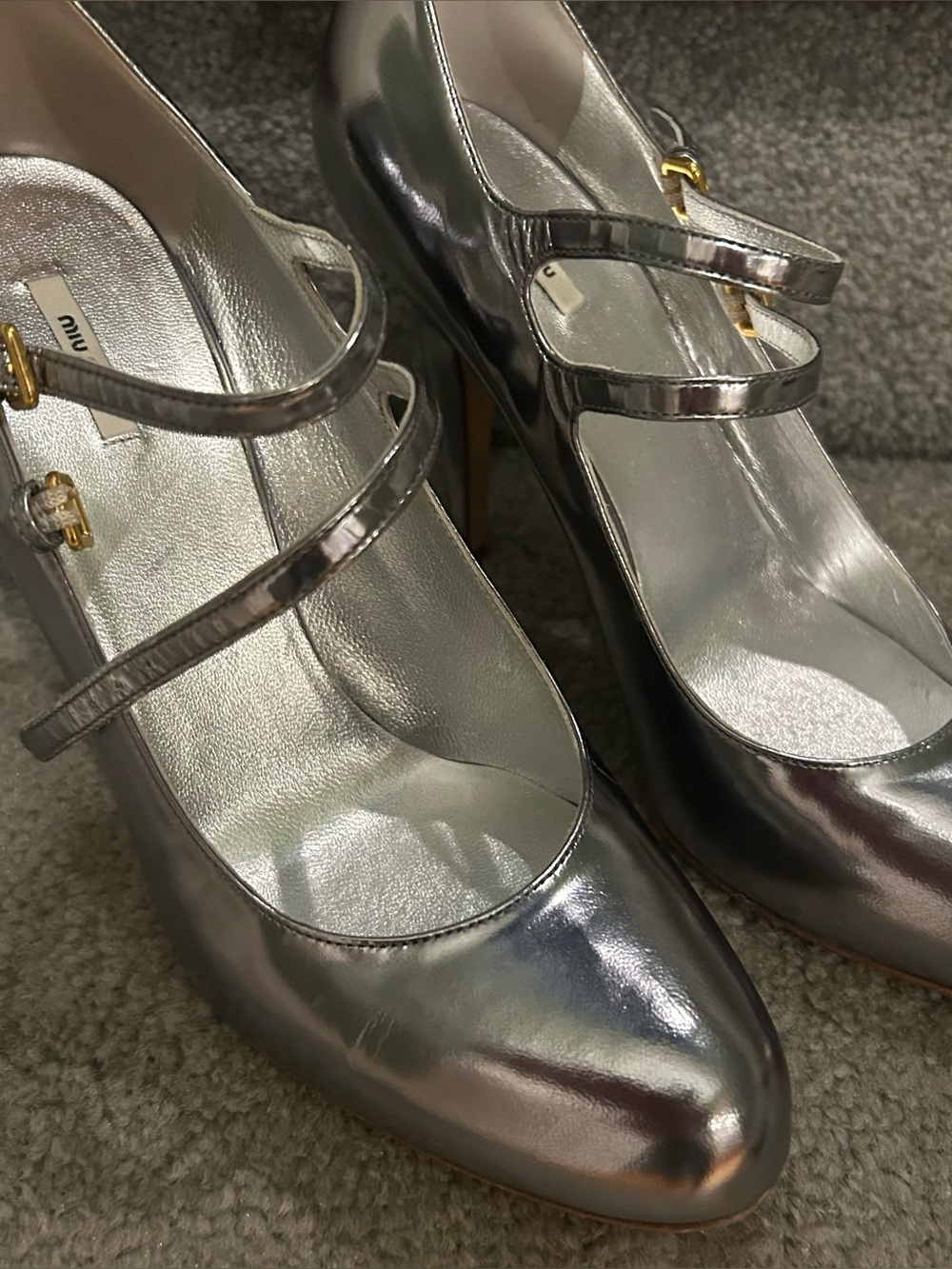 Miu Miu Silver Double-Strap Mary Jane Heels
